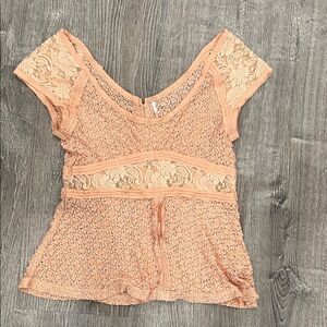 Free People Peach Lace Short-Sleeve Peplum Top